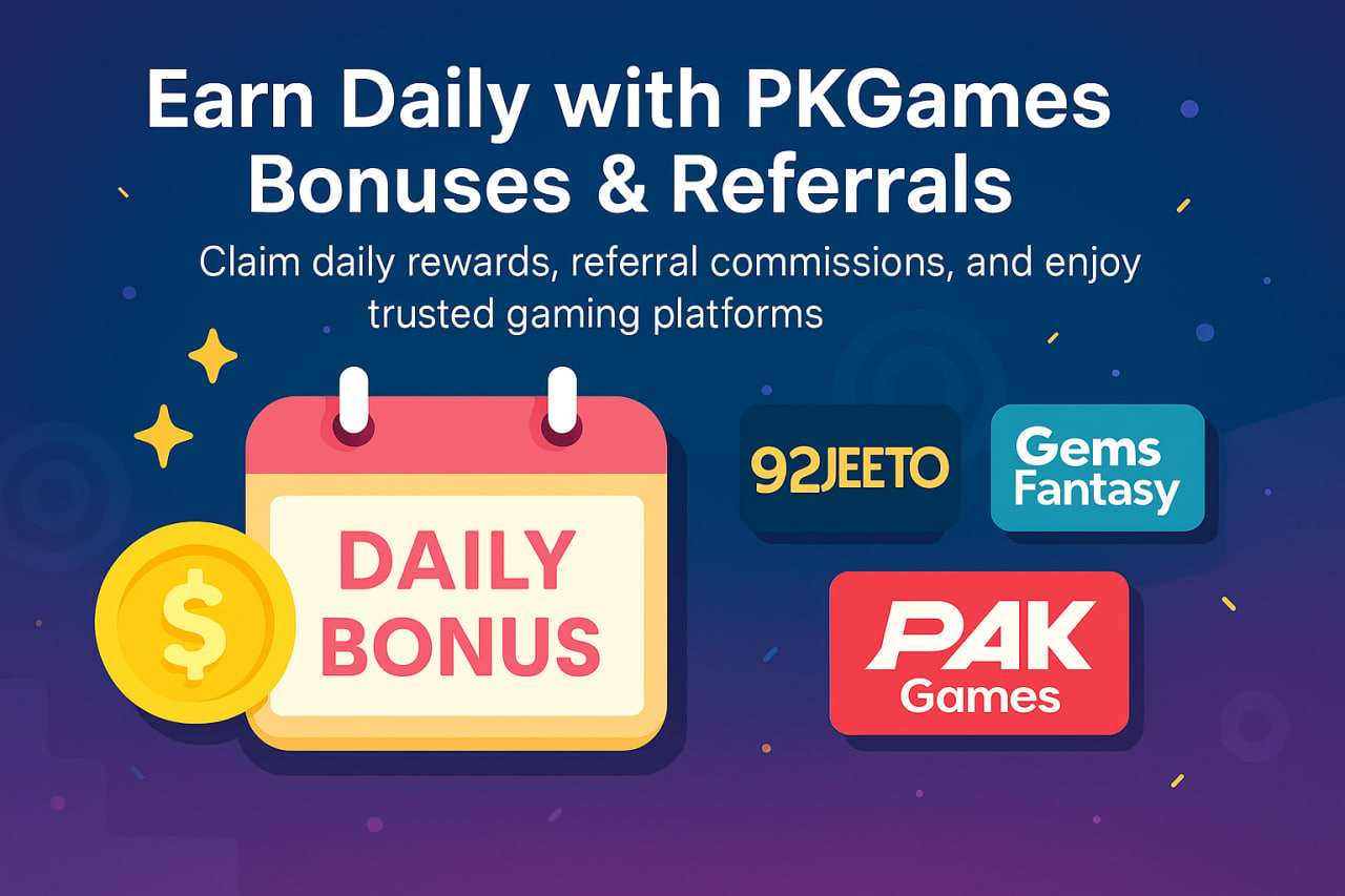 PKGames promotional banner with bonus and referral highlights